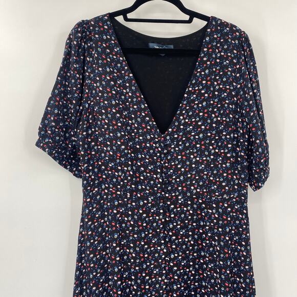 Modcloth Ditsy Floral Maxi Dress V Neck Puff Sleeve Tiered Skirt Black Red Large - Picture 3 of 8